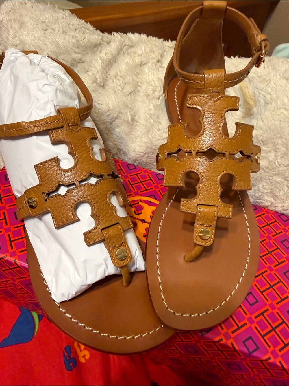Tory Burch Brown Leather Logo Thong Sandals
